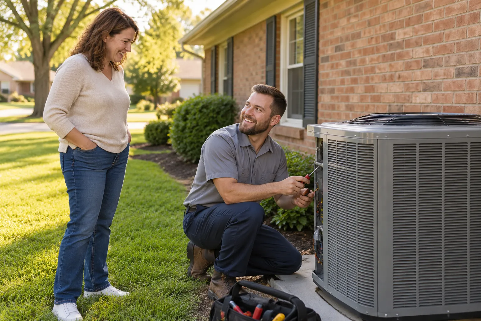 A friendly HVAC provider checking an outdoor air conditioner beside a brick ranch home in Plano